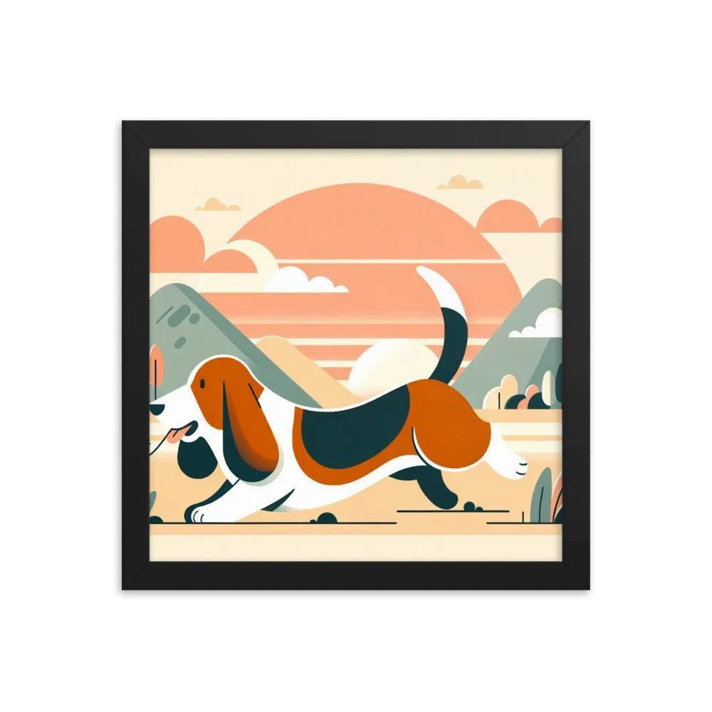 Joyful Basset Hound's Tail Chase Flat Art Framed Poster - Oh Posters