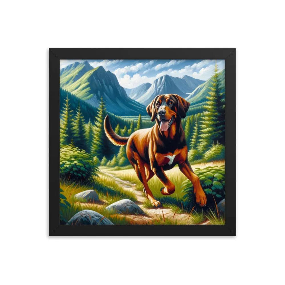 Playful Bavarian Mountain Hound in Mountain Forest Painting Framed Poster - Oh Posters