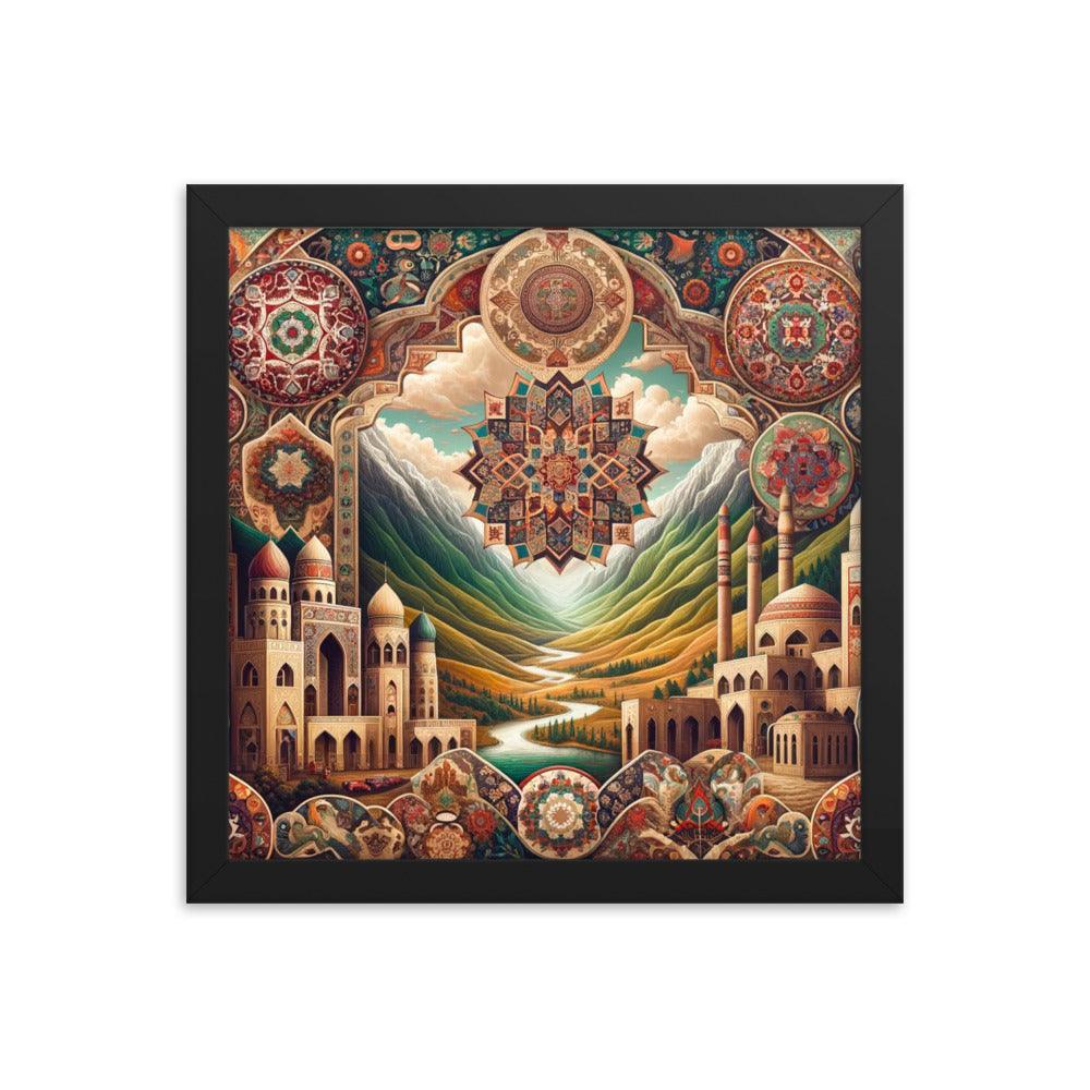 Captivating Azerbaijani Art Essence: Traditional Carpet Designs, Folkloric Symbols & Scenic Landscape Background Framed Poster - Oh Posters