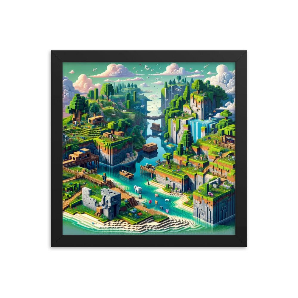 Minecraft Inspired Vibrant Block Landscape Digital Art Framed Poster - Oh Posters