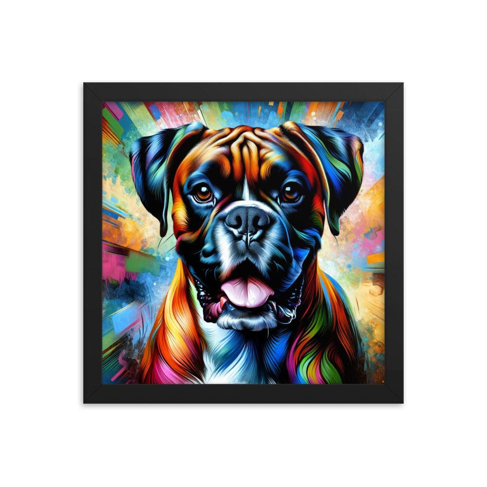 Vibrant Boxer Dog Energy in Colorful Abstract Art with Dynamic Pose Framed Poster - Oh Posters