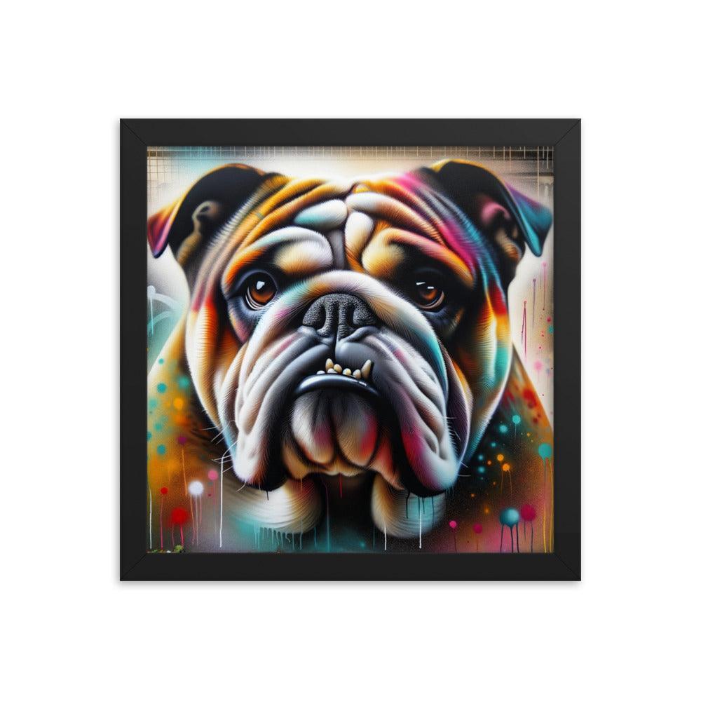 English Bulldog Graffiti Art with Vibrant Spray Paint and Urban Background Framed Poster - Oh Posters