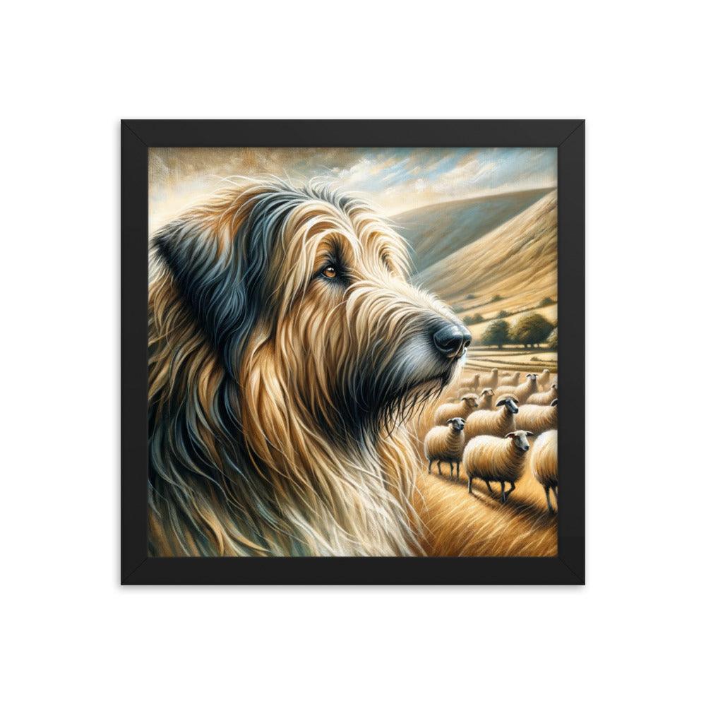 Catalan Sheepdog in Pastoral Setting with Flock and Rolling Hills Framed Poster - Oh Posters