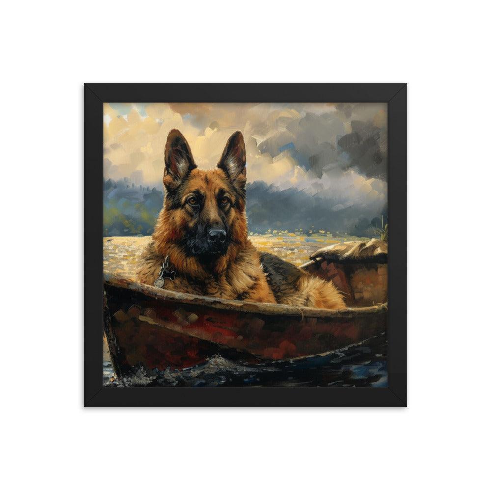 German Shepherd in Boat River Landscape Framed Poster - Oh Posters