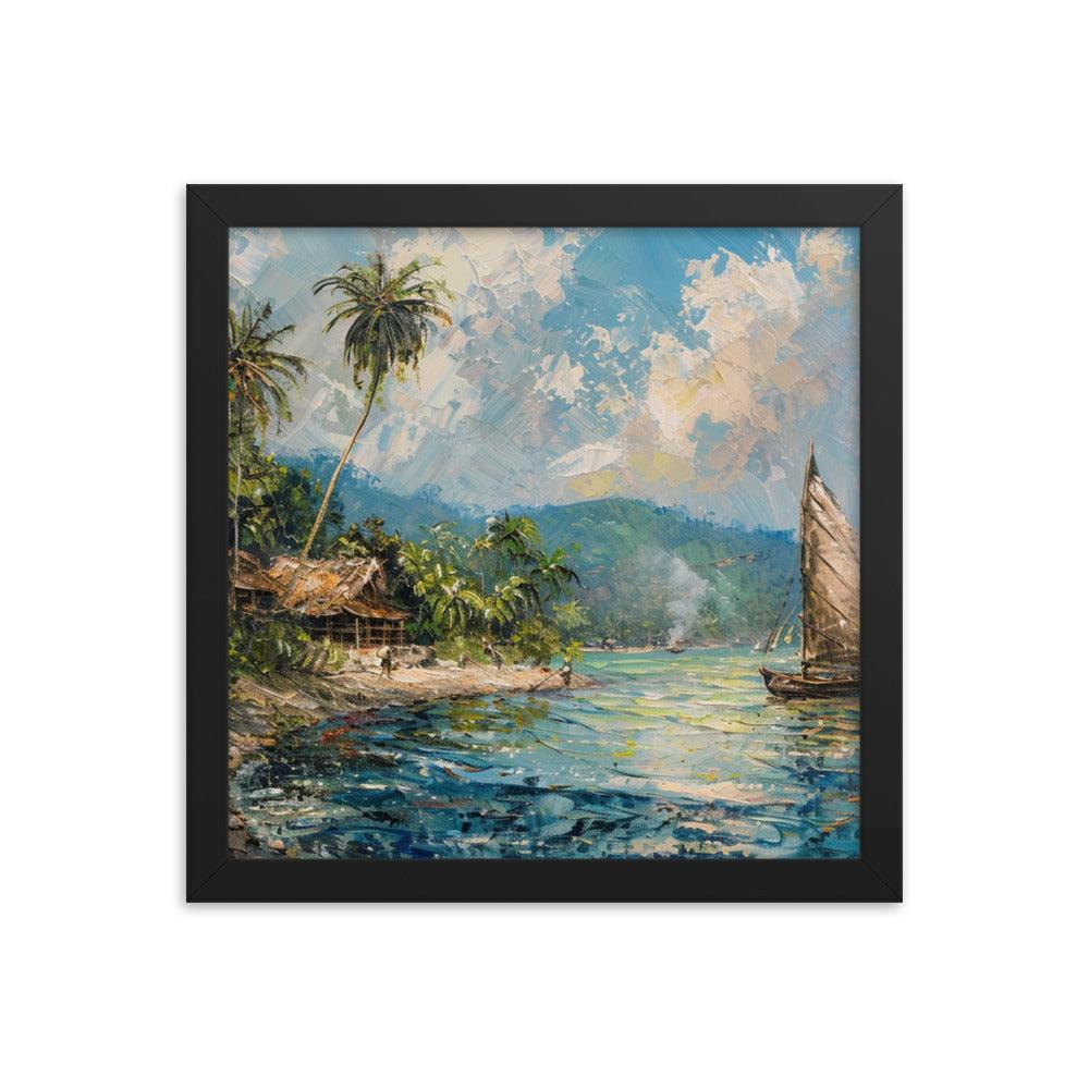 Comoros Beachside Hut and Sailboat Tropical Scene Framed Poster - Oh Posters