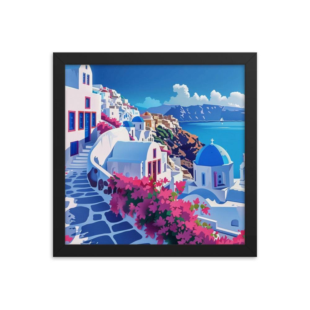 Greece Santorini Vibrant Floral Pathway Framed Poster - Oh Posters