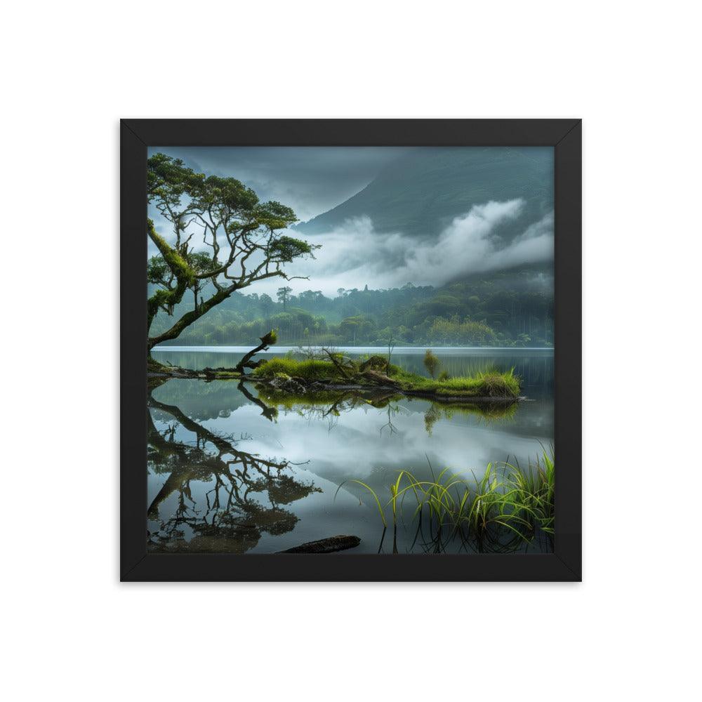 Indonesia Serene Lake Misty Mountains Framed Poster - Oh Posters