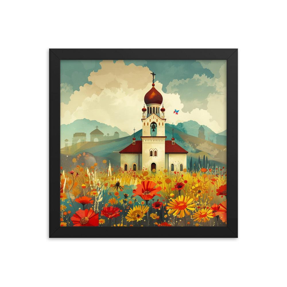 Romania Mountain Church Field of Flowers Framed Poster - Oh Posters