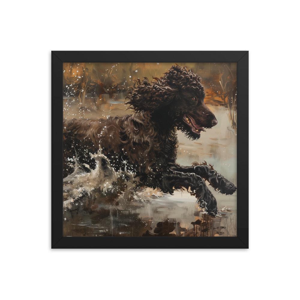 Irish Water Spaniel Splashing in Lake Art Framed Poster - Oh Posters