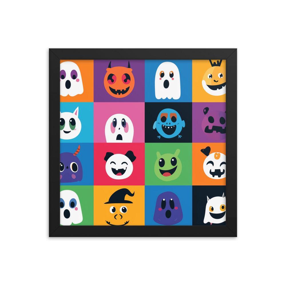 Cheerful Halloween Ghosts and Pumpkins Cartoon Faces Framed Poster - Oh Posters