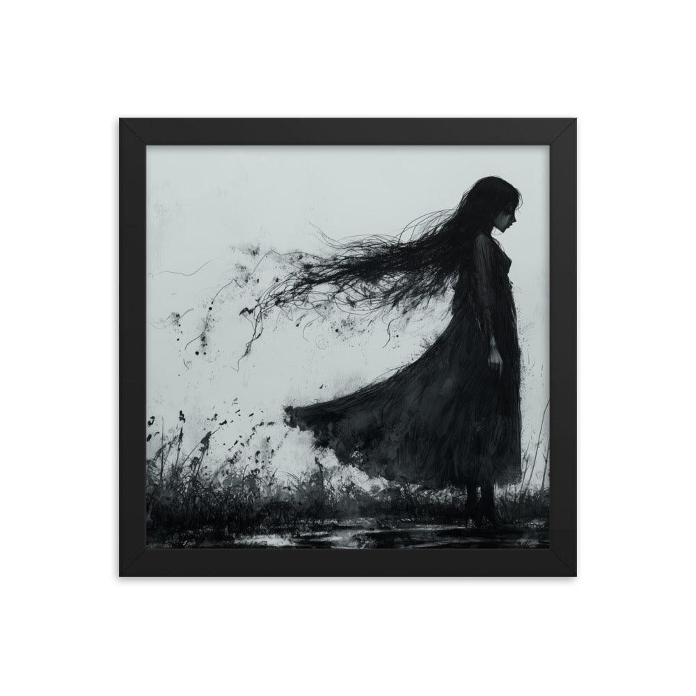 Dark Silhouette Woman in Gloomy Field Ink Illustration Framed Poster - Oh Posters