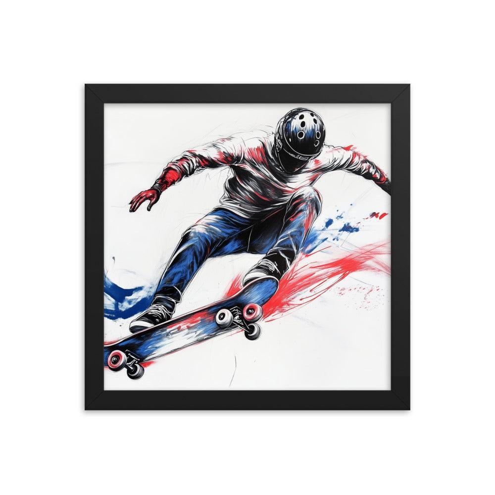 High-Energy Skateboarder with Helmet Abstract Sketch Framed Poster - Oh Posters