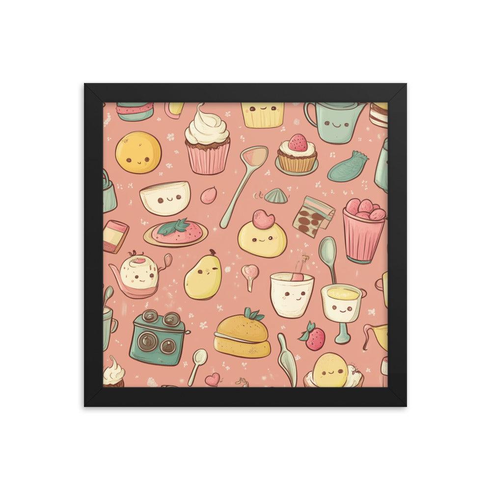 Kawaii Food and Kitchen Utensils Cute Doodle Pattern Framed Poster - Oh Posters