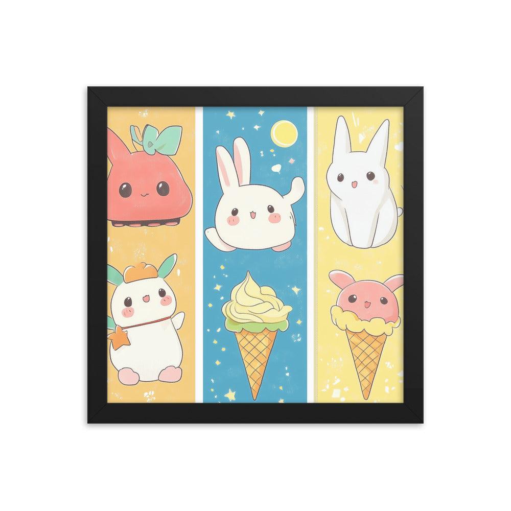 Kawaii Bunnies and Ice Cream Cute Character Strip Digital Art Framed Poster - Oh Posters