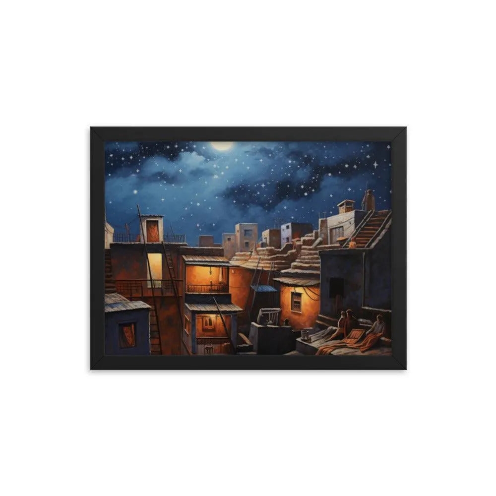 Indian Rooftop House Starry Night Sky Painting Framed Poster - Oh Posters