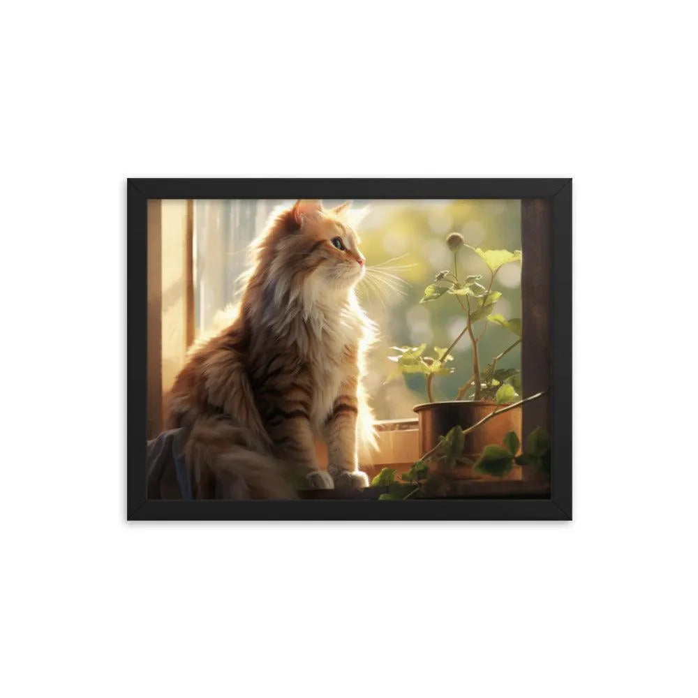 Cat Observing Sunny Countryside Morning Framed Poster - Oh Posters