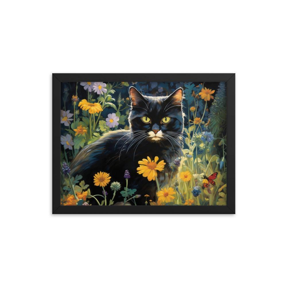 Cat in Moonlit Floral Garden Framed Poster - Oh Posters