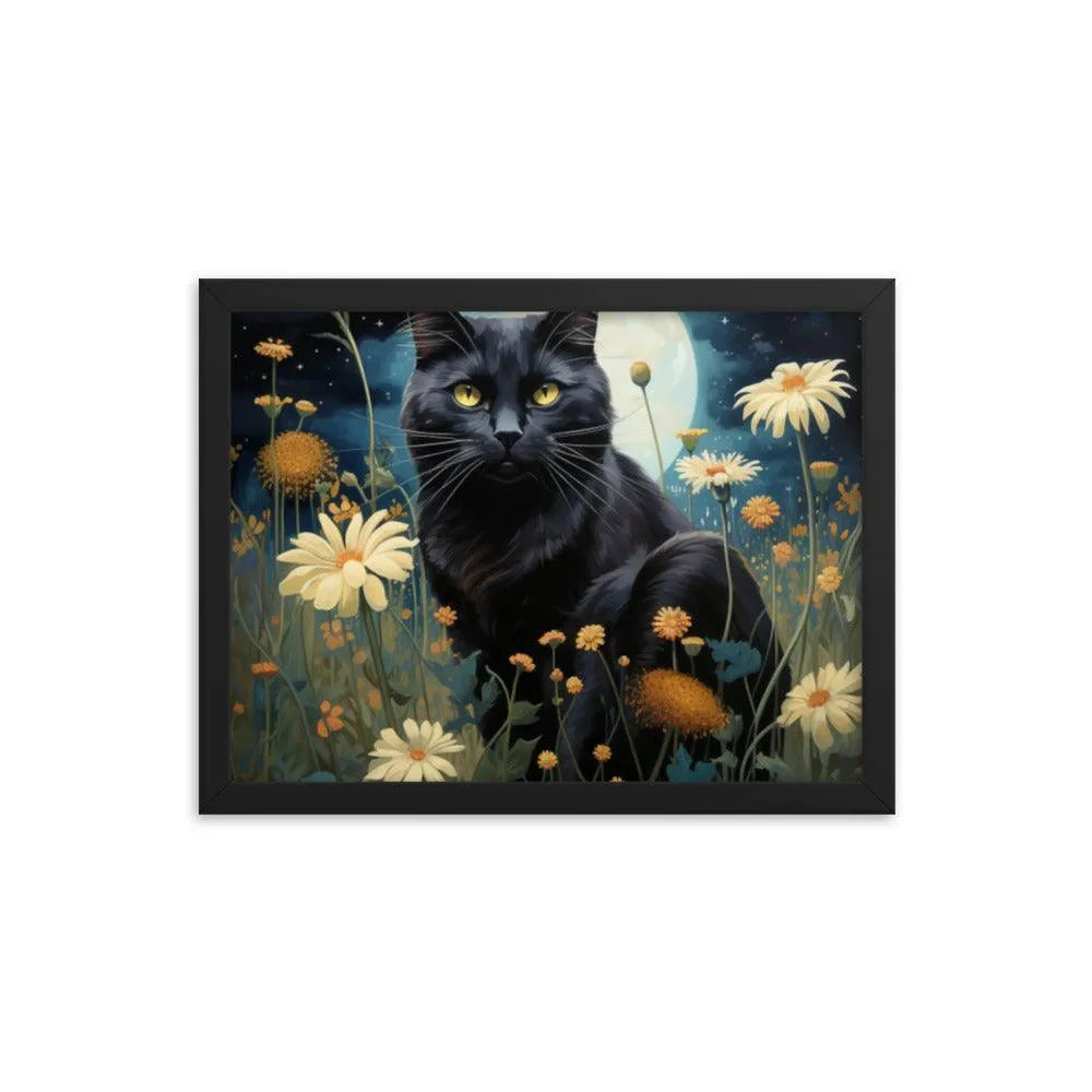 Cat in Moonlit Floral Garden Framed Poster - Oh Posters