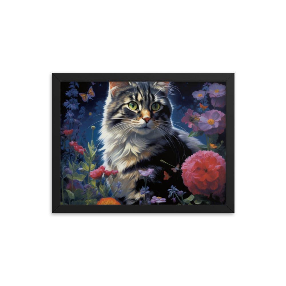 Cat in Moonlit Floral Garden Framed Poster - Oh Posters