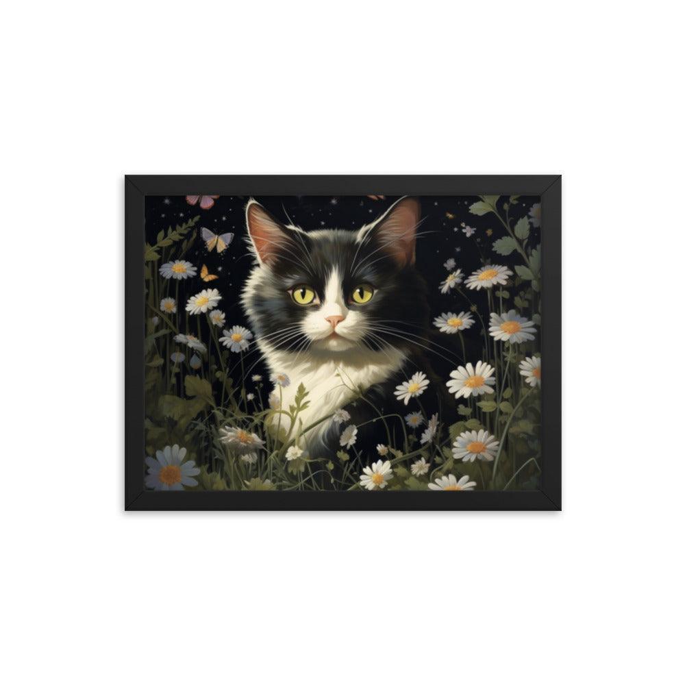 Cat in Moonlit Floral Garden Framed Poster - Oh Posters