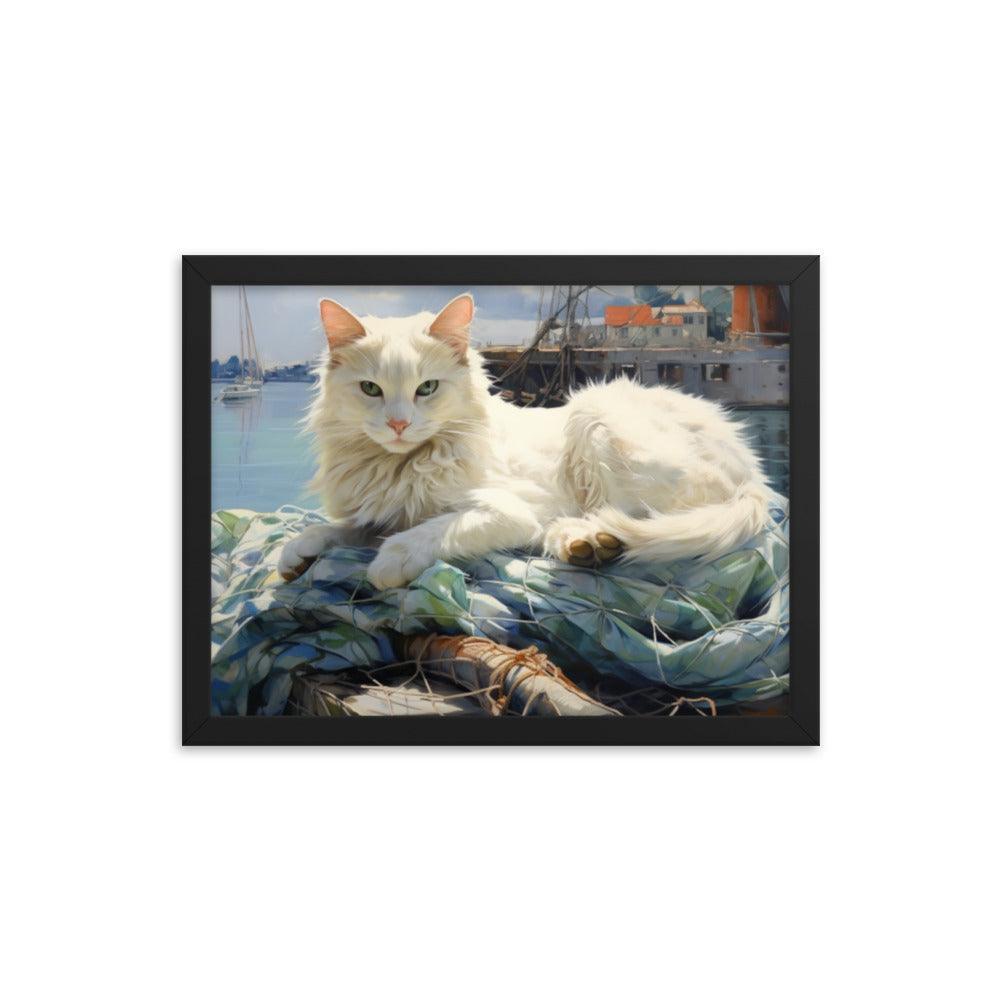 Cat Lounging at Seaside Harbor Framed Poster - Oh Posters