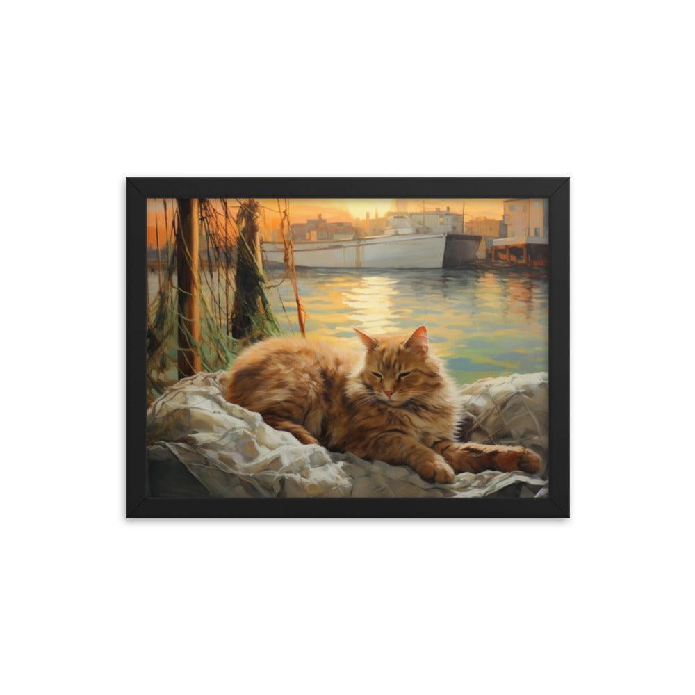 Cat Lounging at Seaside Harbor Framed Poster - Oh Posters