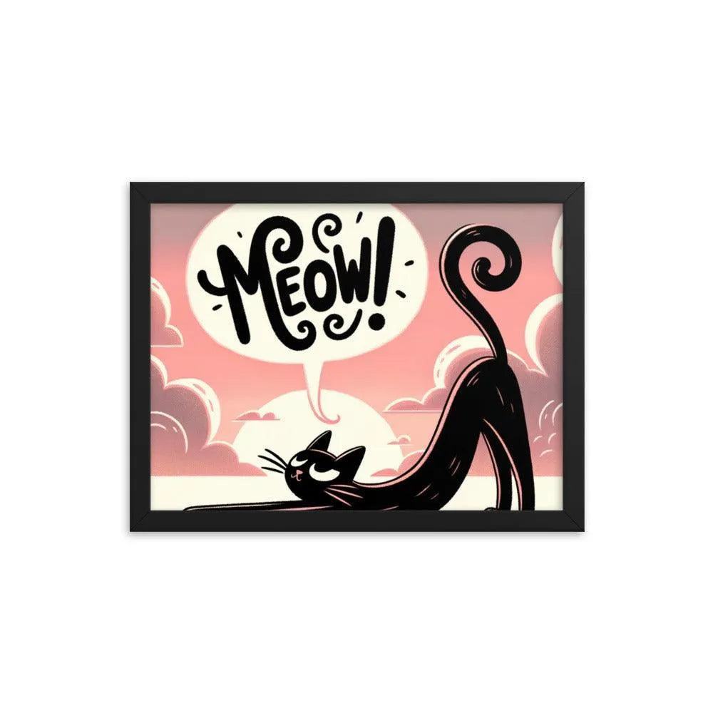 Cat Stretching Saying Meow at Sunset Framed Poster - Oh Posters