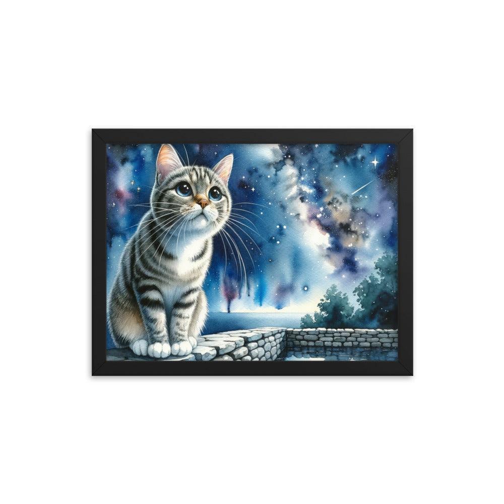 Cat on Wall under Starry Sky - Mystical Framed Poster - Oh Posters