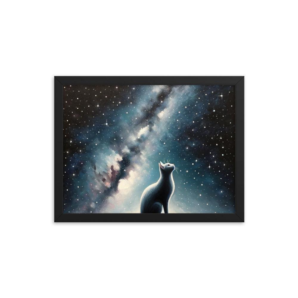 Cat on Hill Gazing at Moonlit Milky Way - Celestial Framed Poster - Oh Posters