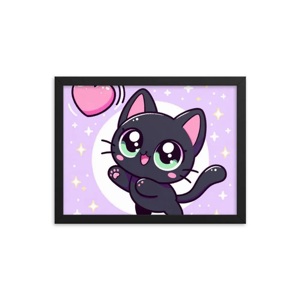 Kawaii Black Cat Heart Balloon Cute Illustration Framed Poster - Oh Posters