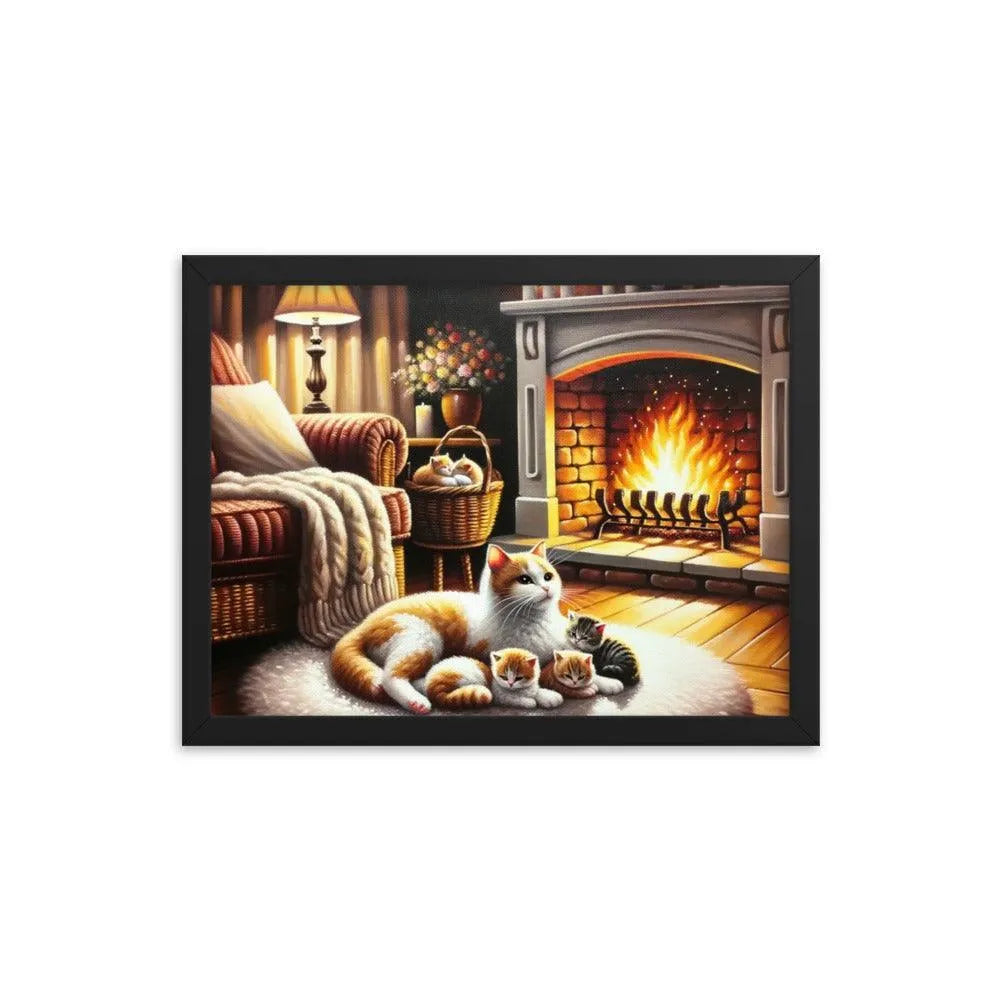 Cozy Fireplace Cat and Kittens Relaxing Art Framed Poster - Oh Posters