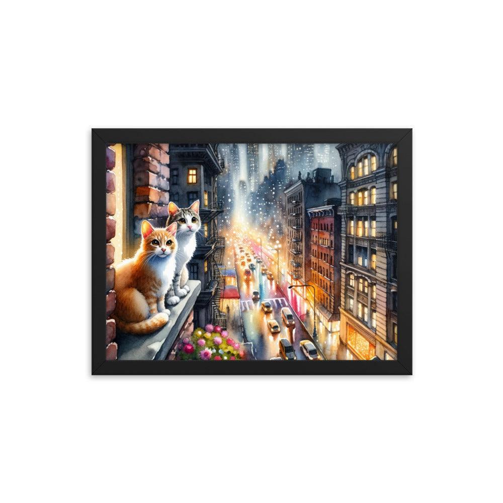 Cats on Windowsill Observing City Lights - Urban & Expressive Framed Poster - Oh Posters