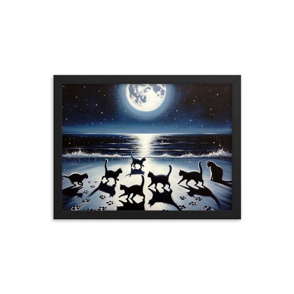 Cats Playing Tag on Moonlit Beach - Magical & Playful Framed Poster - Oh Posters