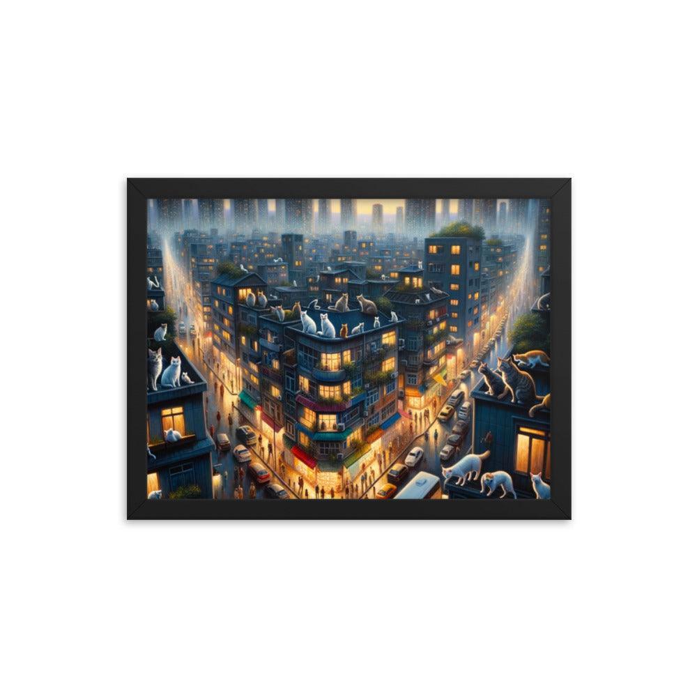 Cats' Twilight Cityscape Magical Glow Art Framed Poster - Oh Posters