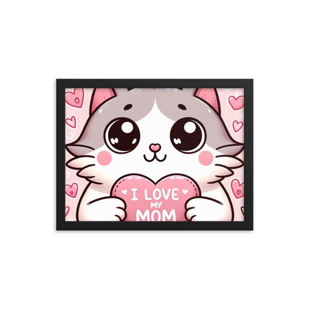 Cat Holding 'I Love My Mom' Sign on Lavender Heart Backdrop - Affectionate & Playful Framed Poster - Oh Posters