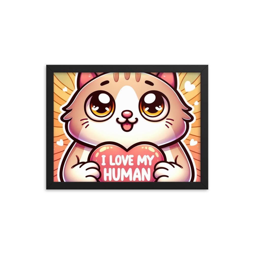 Cat with 'I Love My Human' Heart Sign on Warm Gradient - Affectionate Framed Poster - Oh Posters