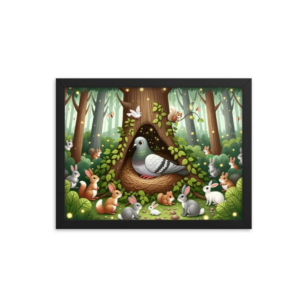 Pigeon in Forest Tree Hollow with Curious Creatures - Whimsical Woodland Framed Poster - Oh Posters