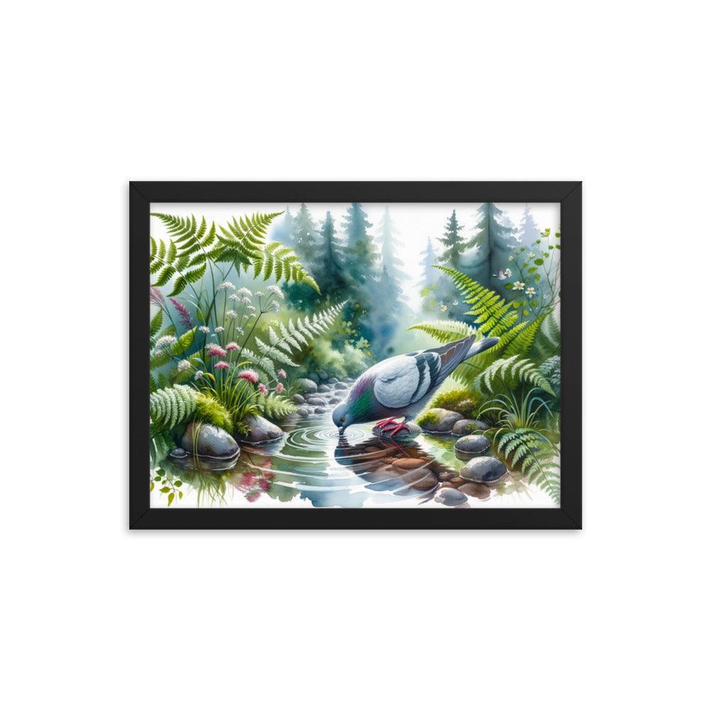 Pigeon Drinking from Forest Stream Art Framed Poster - Oh Posters