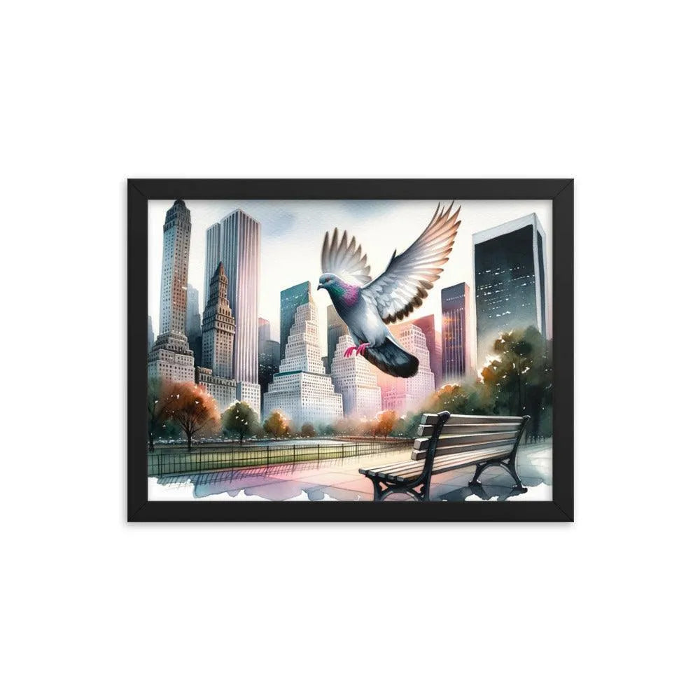 Urban Pigeon Over City Park Watercolor Illustration Framed Poster - Oh Posters