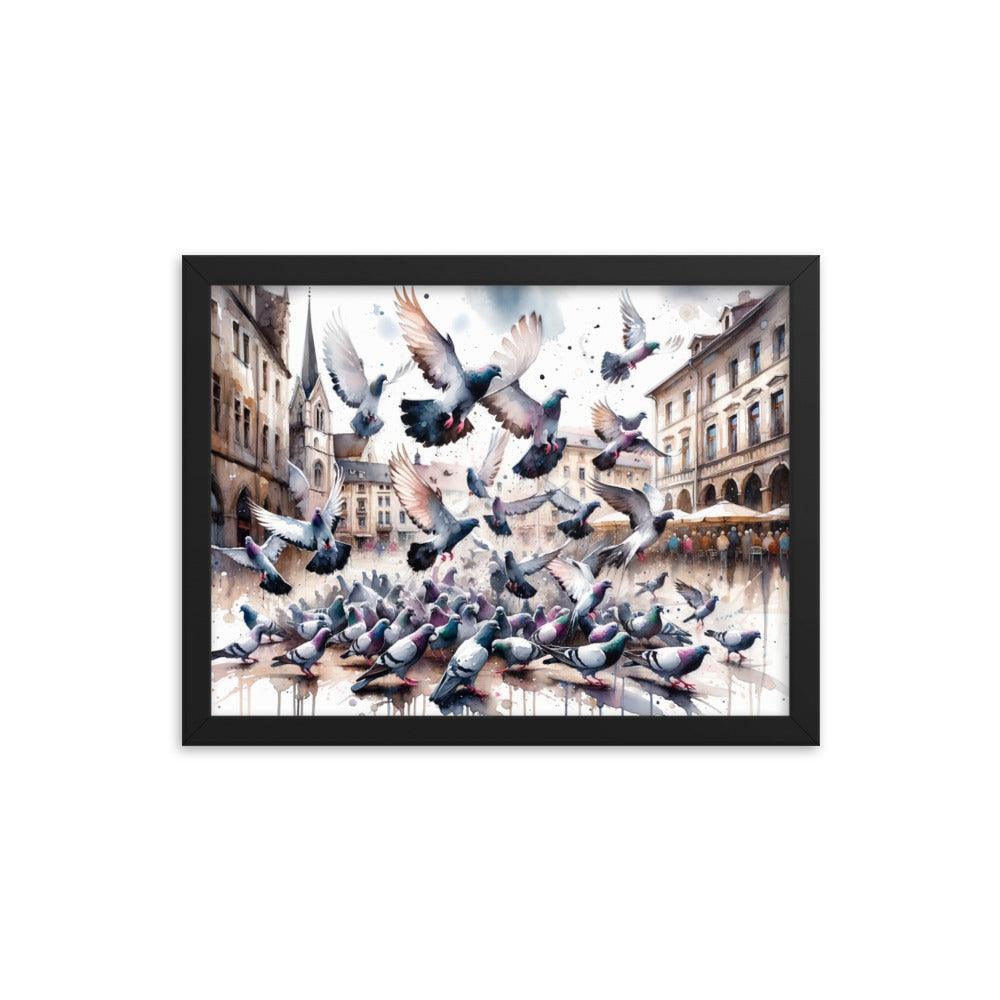 Pigeon Flock Dynamic Watercolor Cityscape Framed Poster - Oh Posters