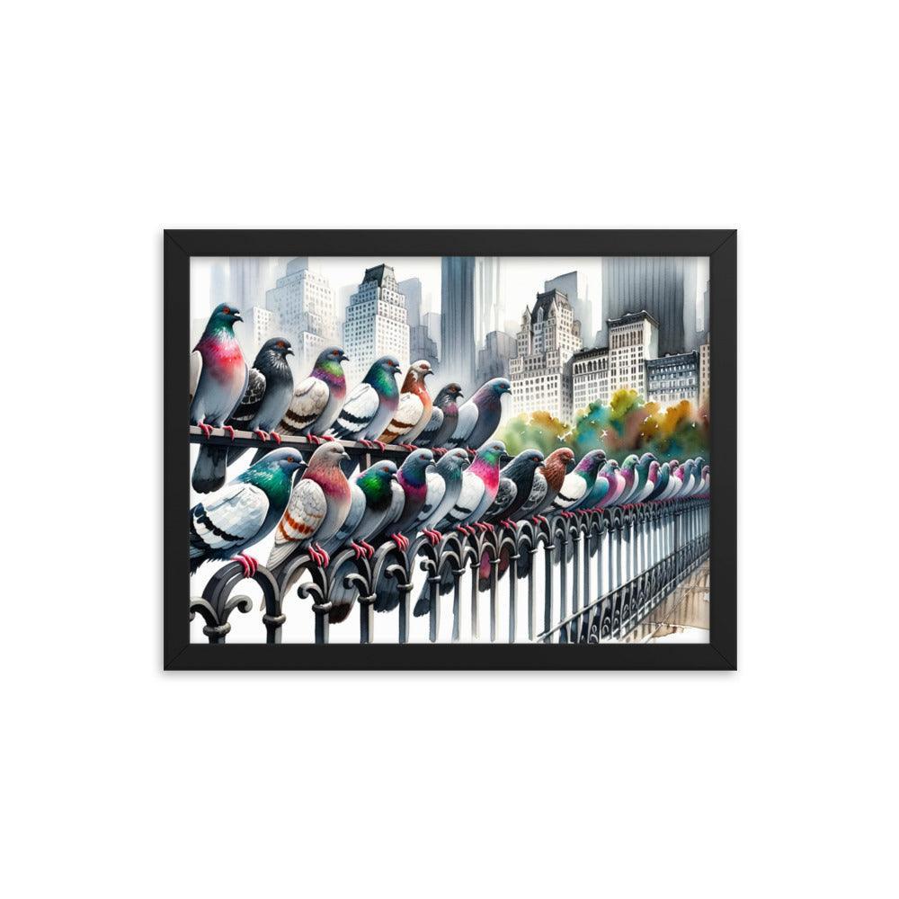 City Pigeons Flock Watercolor Skyline View Framed Poster - Oh Posters