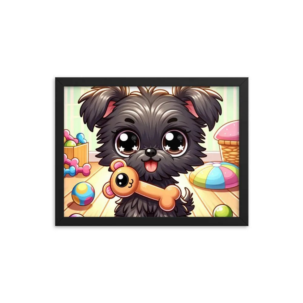 Cute Affenpinscher Puppy with Toy - Playful Charm in Cartoon Framed Poster - Oh Posters