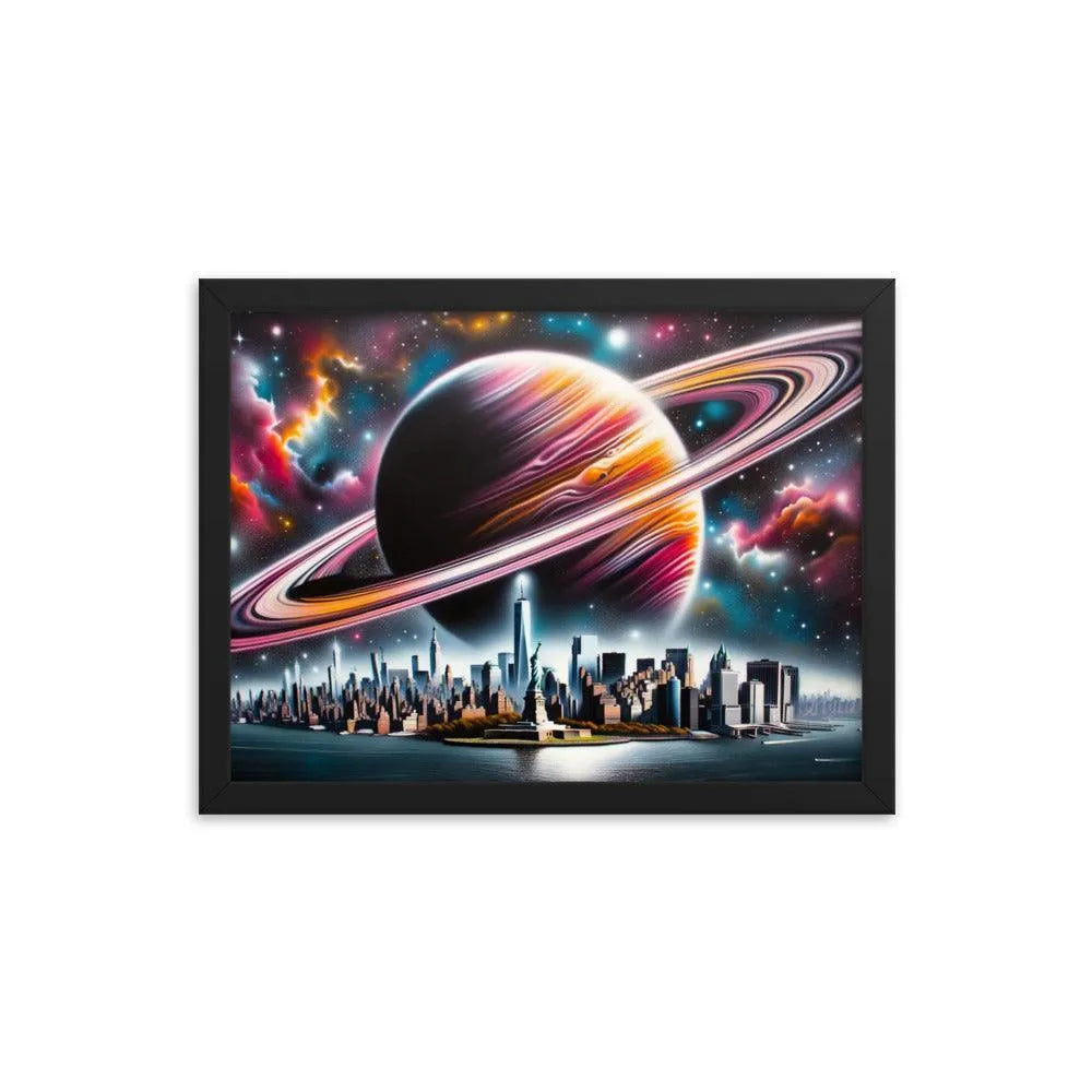 Futuristic New York City Skyline with Saturn Spray Paint Art Framed Poster - Oh Posters