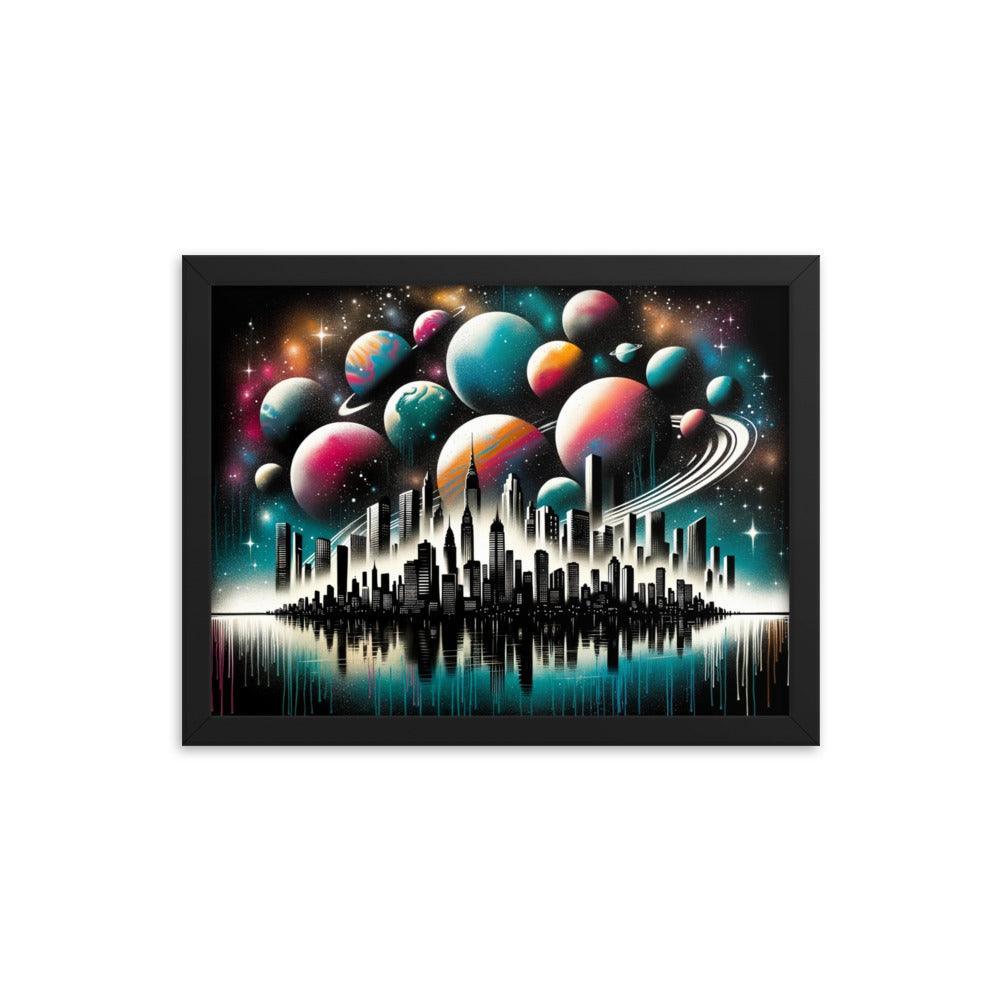 Cityscape Silhouette with Cosmic Planet Sky Spray Paint Art Framed Poster - Oh Posters