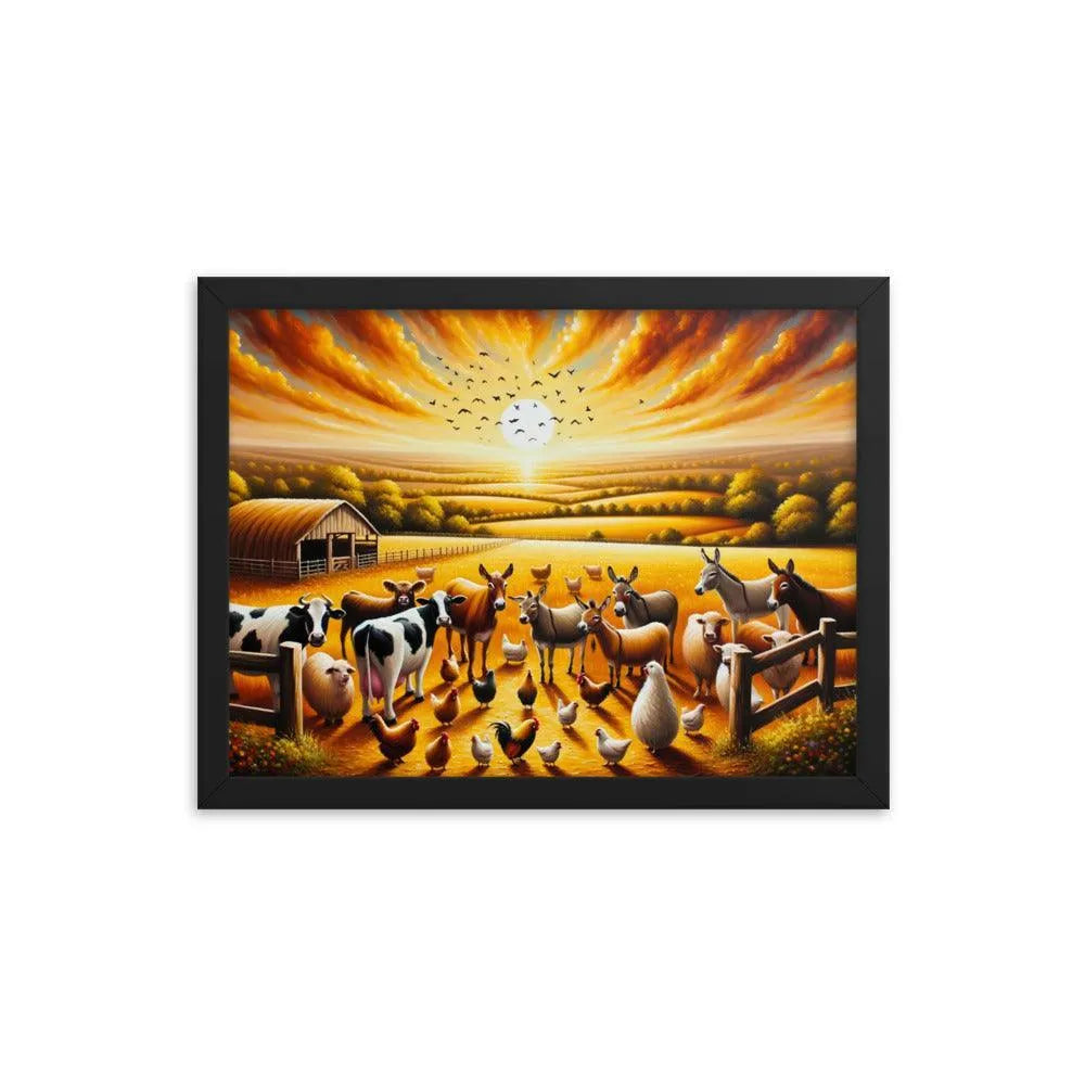 Golden Hour Farm Animals Acrylic Painting Framed Poster - Oh Posters