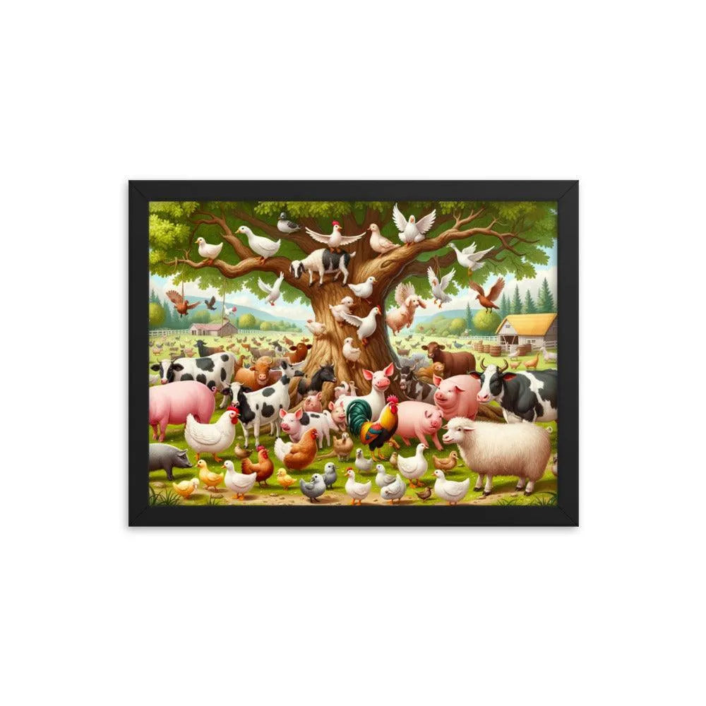 Diverse Farm Animal Gathering Illustration Framed Poster - Oh Posters