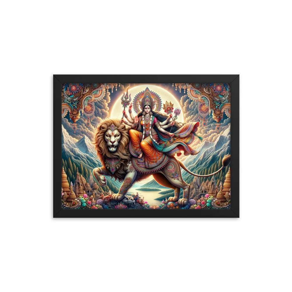 Goddess Durga on Lion Divine Hindu Art Framed Poster - Oh Posters