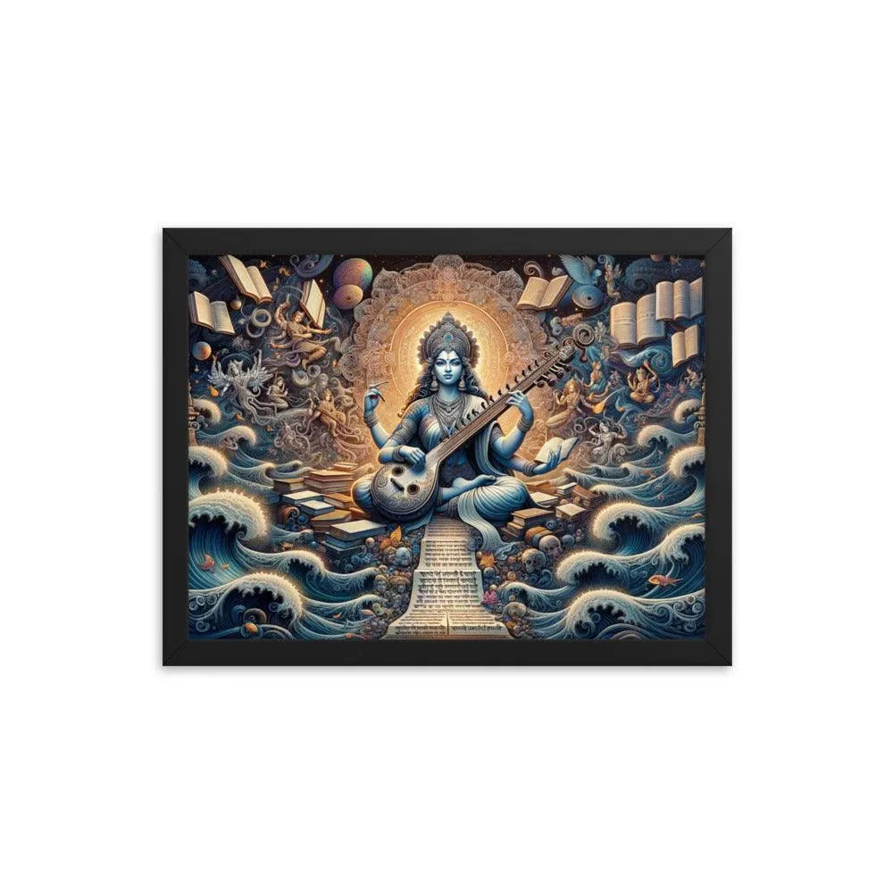 Goddess Saraswati Playing Veena amidst a Lush Landscape Hindu Artistic Framed Poster - Oh Posters