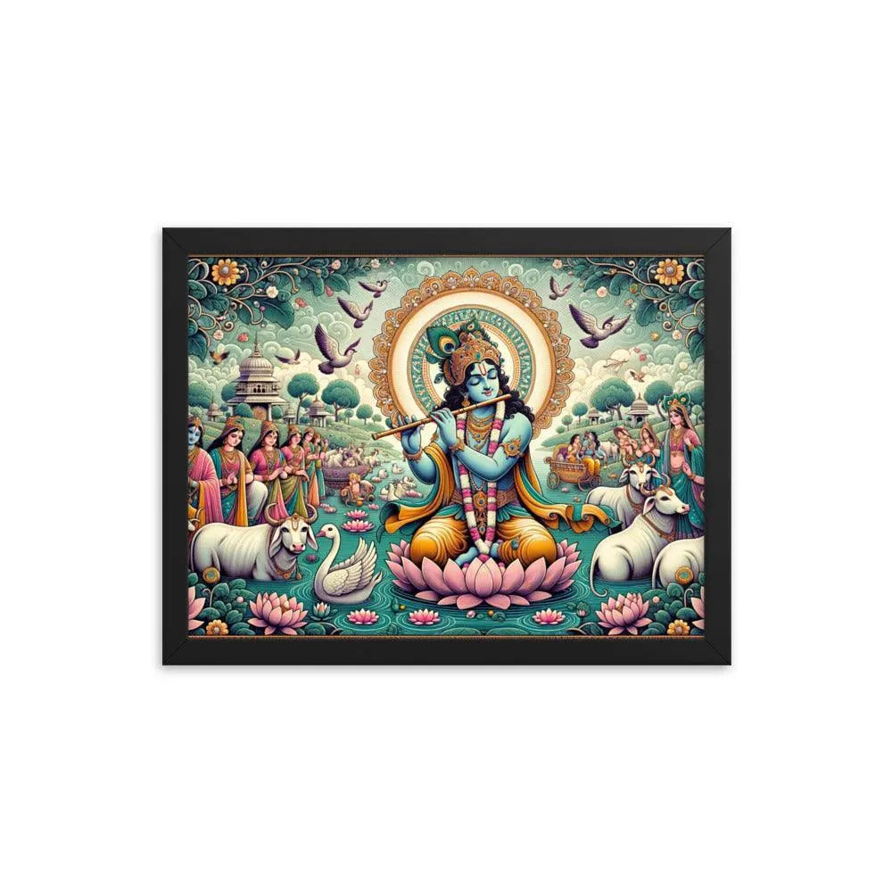 Hindu Lord Krishna Divine Flute Music Vrindavan Framed Poster - Oh Posters