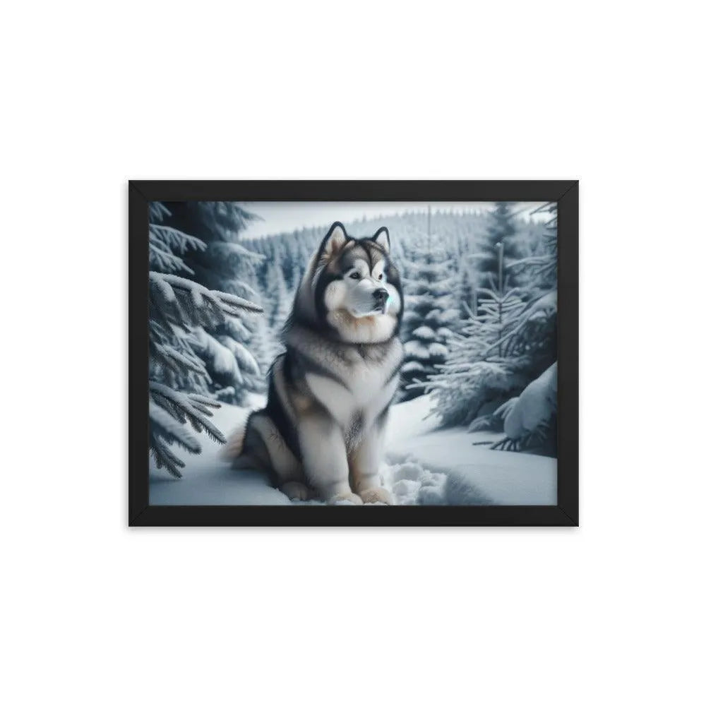 Graceful Alaskan Malamute in Wintry Forest Framed Poster - Oh Posters